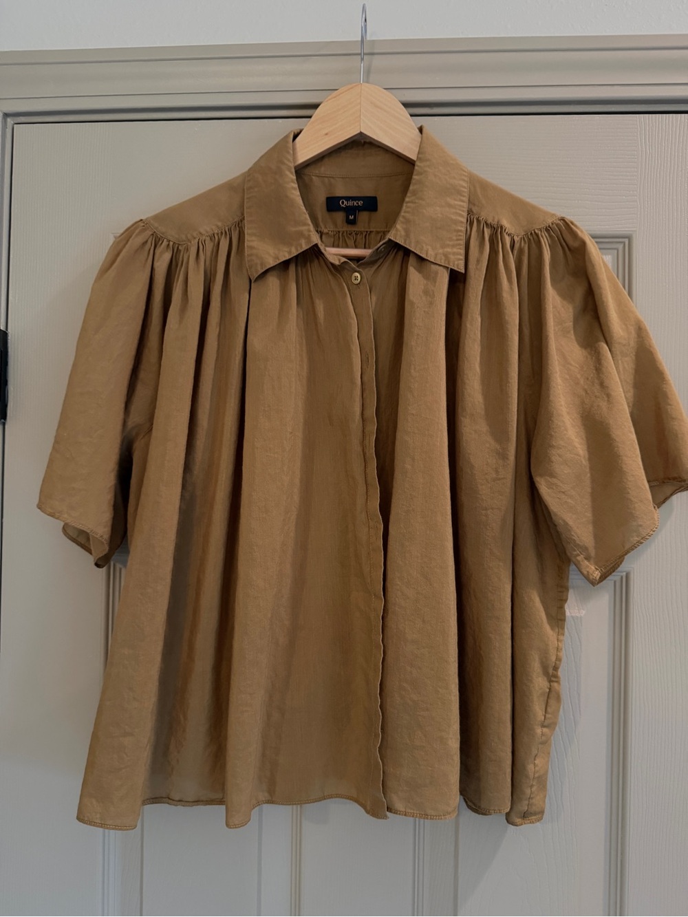 Quince Relaxed Short-Sleeve Button-Up Blouse — Tan
